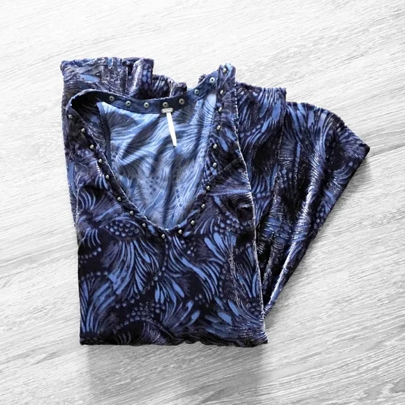 free people fairycore romantic fairy fantasy mini tunic dress blue floral velvet - Picture 2 of 9